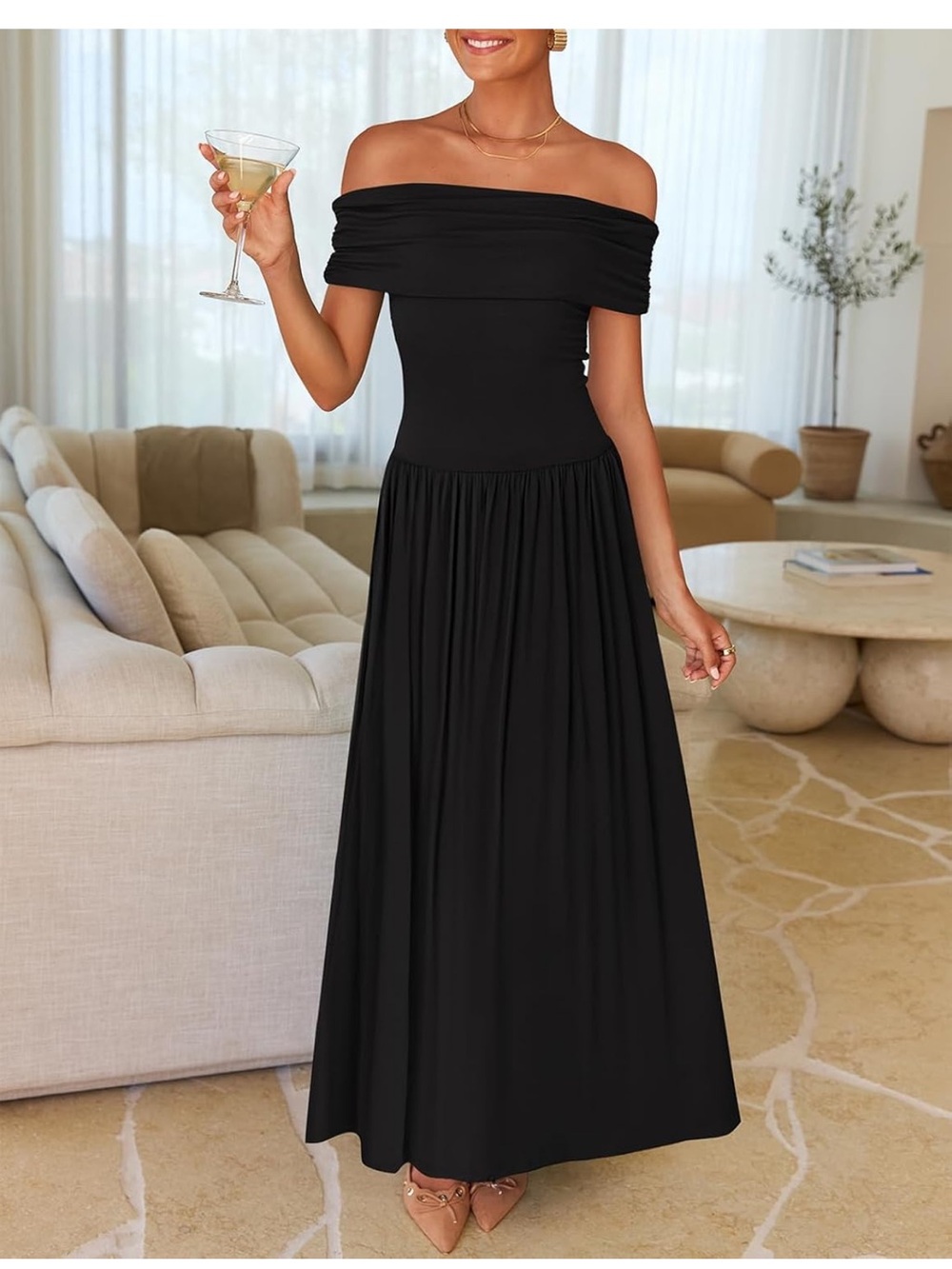 Off-the-Shoulder Black Maxi Dress